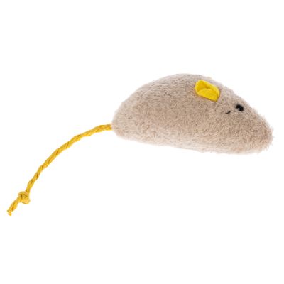 Legetøjsmus af beige plys med gule ører og flettet gul hale.