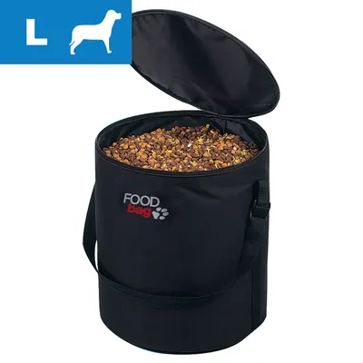 Avoin musta FOOD bag -ruokasäkki, täynnä koiran kuivaruokaa. Koko L merkitty sinisellä kulmassa valkoisen koirakuvakkeen vieressä.