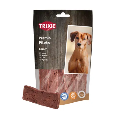 Trixie Premio Filets Lamm. Senza zuccheri aggiunti, senza glutine. Confezione con filetti di agnello visibili e simboli di assenza di zucchero e glutine.