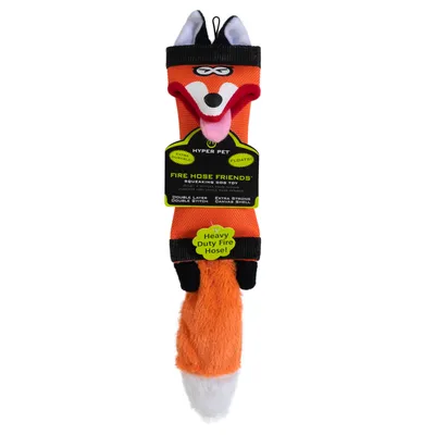 Jouet pour chien HYPER PET Fire Hose Friends en forme de renard, étiquette visible : double layer, extra strong canvas shell, heavy duty fire hose, FLDAT5, squeaking dog toy.