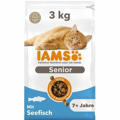 IAMS Senior kattenvoer, 3 kg, met zeefisch, voor katten vanaf 7+ jaar. Tekst: 'Advance Nutrition your cat needs', '100% Complete & Balanced Nutrition', 'Mit Seefisch', 'Senior'.