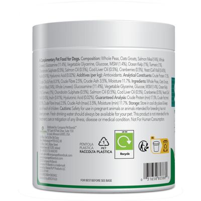 Can with ingredients list and analysis: peas, oat groats, salmon meal, glucosamine, MSM, chondroitin sulphate. Guaranteed analysis: protein 17.5%, fat 8.3%, moisture 11.7%. Recycling symbol visible.