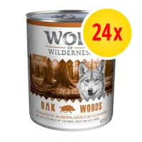 Wolf of Wilderness Oak Woods, 24x800g, 100% grain-free. Wildschwein mit Waldbeeren, Wurzeln und Wildkräutern. Blik met afbeelding van wolf en bos.