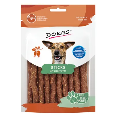 Dokas Sticks mit Hagebutte, hersluitbare verpakking, 100% plant power, zonder toegevoegde producten volgens SGS Institut Fresenius, sticks zichtbaar door transparant venster.