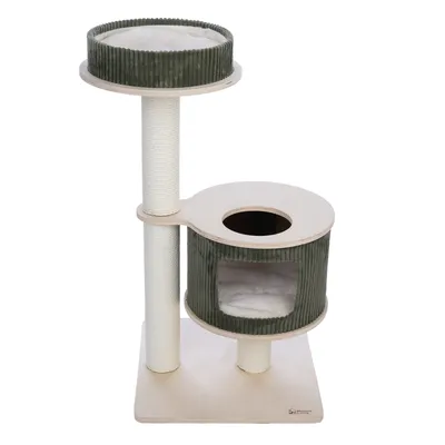 Arbre à chat en bois clair avec deux poteaux recouverts de corde, une niche ronde en tissu vert côtelé et un plateau supérieur rembourré. Coussin visible dans la niche et sur le dessus.