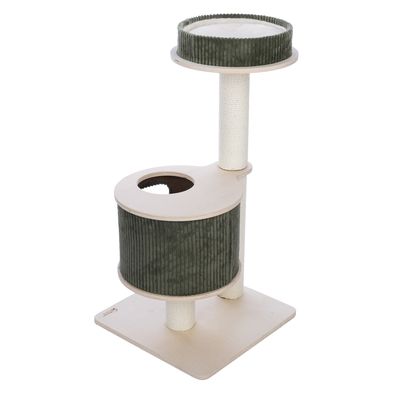 Krabpaal van hout met twee niveaus, groene stoffen bekleding en sisal krabvlakken. Ronde opening onderaan en gevoerd ligvlak bovenaan.