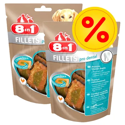 8in1 FILLETS pro dental kip snacks, voordeelverpakking met kortingssymbool. Tekst: Chicken Snack, Nutri-Center, premium kippenhapjes met munt en peterselie voor frisse adem.