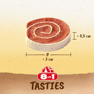 8in1 Tasties. Snack i spiralform, diameter ca 3 cm, höjd ca 0,5 cm.