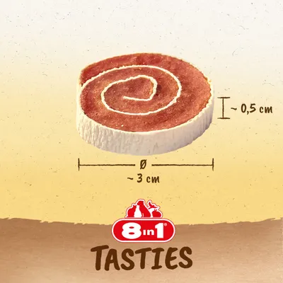 8in1 Tasties. Przekąska w formie spirali, średnica ok. 3 cm, wysokość ok. 0,5 cm.