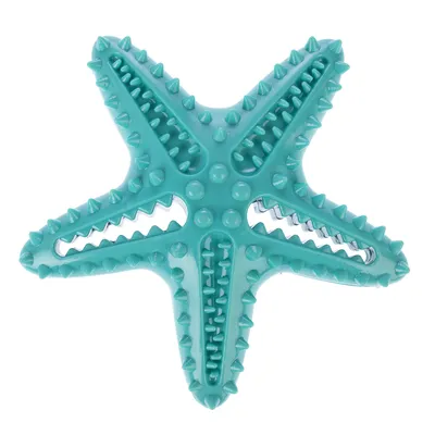 Jouet en forme d’étoile de mer, bleu turquoise, avec picots et rainures visibles, matière plastique. Aucun texte ou marque visible.