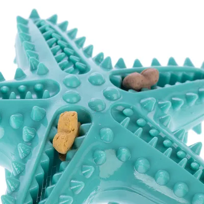 Jouet pour chien en forme d’étoile de mer, plastique turquoise à picots, avec des friandises insérées dans les rainures visibles.