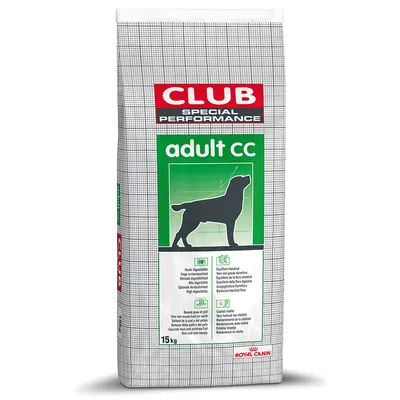 Sæk med hundefoder, tekst: CLUB SPECIAL PERFORMANCE, adult cc, Royal Canin, 15 kg. Silhuet af hund og korte beskrivelser på flere sprog om fordøjelighed, vitalitet og pelspleje.