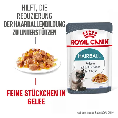 ROYAL CANIN HAIRBALL, sachet avec texte anglais 'Reduces hairball formation in 14 days', morceaux en gelée sur assiette, texte allemand et rouge : FEINE STÜCKCHEN IN GELEE.