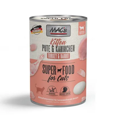 MAC's Kitten pulyka és nyúl, Super Food macskáknak, Németországban készült, gabonamentes, magas hústartalom. Teljes értékű eledel növekedésben lévő cicáknak.