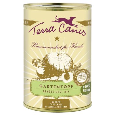 Консерва Terra Canis Hausmannskost für Hunde, Gartentopf Gemüse-Obst-Mix, 100% Natur. Garden casserole vegetable-fruit-mix. Видими надписи на немски и английски език.