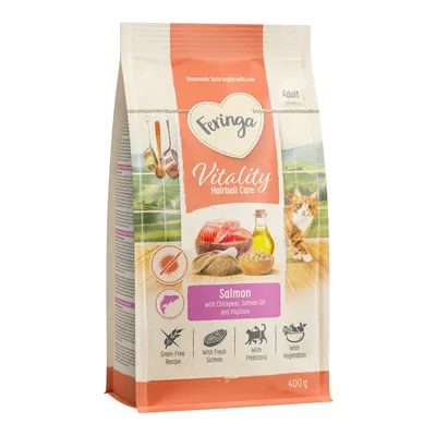 Feringa Vitality Hairball Care Adult, Rezept mit Lachs, Kichererbsen, Lachsöl und Flohsamen. Getreidefrei, frischer Lachs, Präbiotika, Gemüse. Packungsgrösse: 400g.