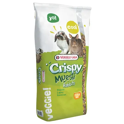 Versele-Laga Crispy Muesli Rabbits, veggie!, Extra vezels. Voer voor konijnen met afbeelding van twee konijnen en zichtbare ingrediënten.