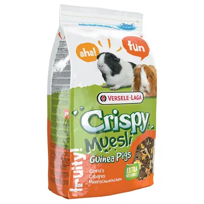 Versele-Laga Crispy Muesli cavia’s, fruitig, met extra vitamine C. Verpakking toont twee cavia’s en voerafbeelding. Hersluitbaar voor optimale versheid.
