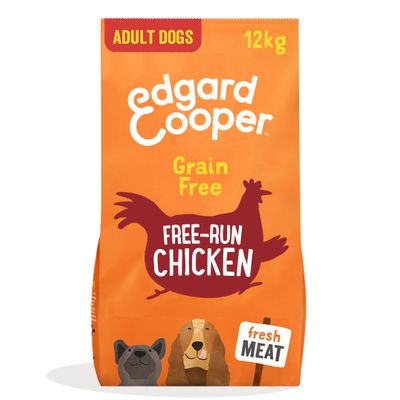 Edgard Cooper Adult Dogs 12kg, Grain Free, Free-Run Chicken, fresh meat. Hondenafbeeldingen op de verpakking.