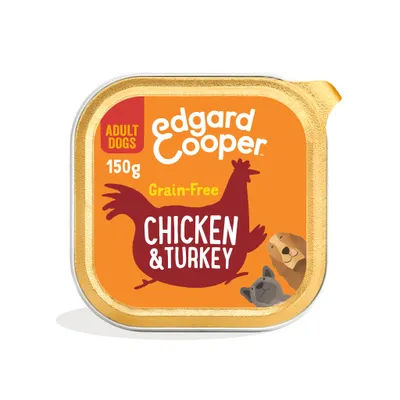 Edgard Cooper Adult Dogs Grain-Free Chicken & Turkey, 150g. Tekst en illustraties van kip, hond en kalkoen zichtbaar op verpakking.