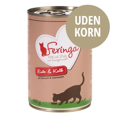 Feringa Ente & Kalb mit Broccoli & Löwenzahn, 400 g dåse. Tekst: UDEN KORN. Mit viel Liebe wie hausgemacht!