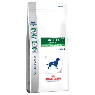 Royal Canin Veterinary Diet Satiety Support Weight Management koirille. Pakkaus tuotetiedoilla ja koirasymbolilla.