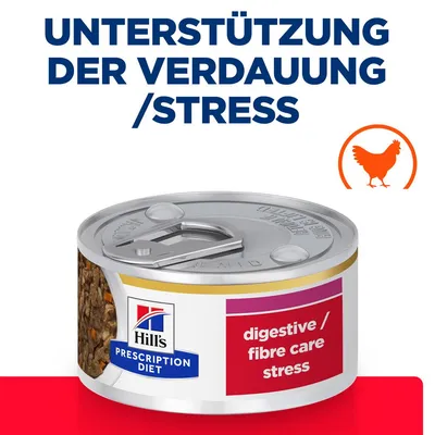 Hill's Prescription Diet, texte visible : digestive / fibre care stress. Texte en haut de l’image en allemand : UNTERSTÜTZUNG DER VERDAUUNG /STRESS. Icône poulet orange.