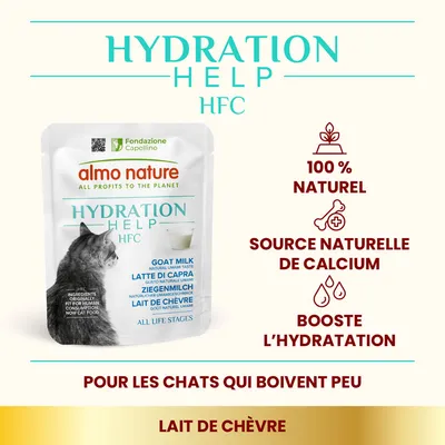 almo nature Hydration Help HFC lait de chèvre pour chats, 100 % naturel, source naturelle de calcium, booste l’hydratation, pour les chats qui boivent peu. Texte en français et anglais.
