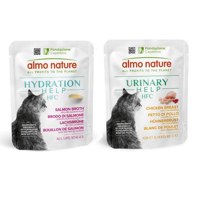Almo Nature Hydration Help HFC Ziegenmilch, natürliche Umami-Zutaten, geeignet für alle Lebensphasen. Fondazione Capellino, Zutaten ursprünglich für menschlichen Verzehr, jetzt Katzenfutter.