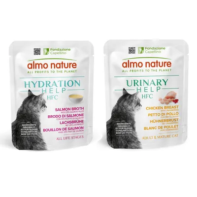 Preț special! 6 pliculețe x 50 g Almo Nature HFC + 40% reducere la 6 pliculețe x 50 g  - Supă de somon cu file de somon + Piept de pui cu merișoare