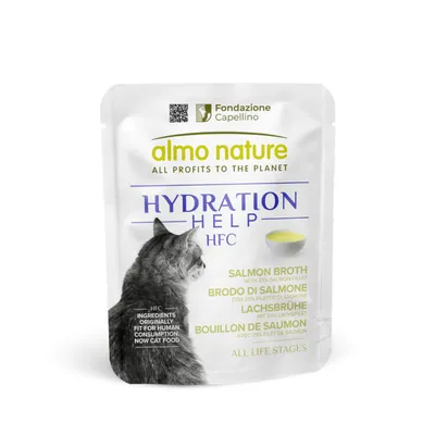 Almo Nature Hydration Help HFC bulion z łososia z 25% filetem z łososia, odpowiedni na wszystkie etapy życia. Składniki pierwotnie przeznaczone do spożycia przez ludzi.