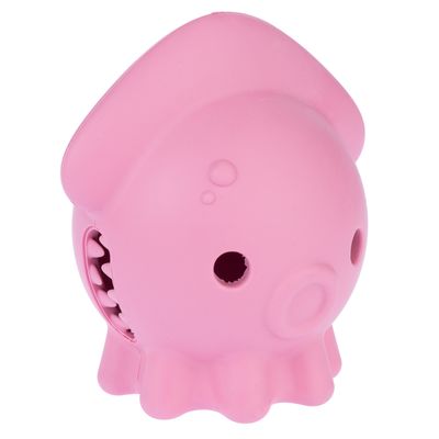 Roze speelgoed in de vorm van een octopus met gaten en gestructureerde details.