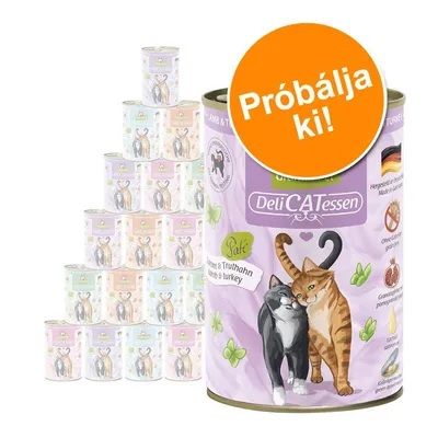 DeliCATessen macskaeledel konzerv, bárány és pulyka, lila doboz, két macska illusztrációval. Narancssárga kör: Próbálja ki!