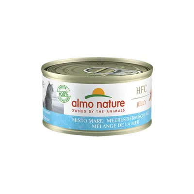 Almo Nature HFC Jelly, Misto Mare – blandning av havsdjur. 100 % naturliga ingredienser, burk med kattmotiv.
