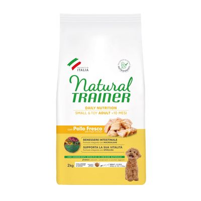 Natural Trainer Daily Nutrition Small & Toy Adult >10 Monate mit frischem Huhn, 2kg. Unterstützt Vitalität mit Spirulina, fördert Darmgesundheit mit Macroalgen. Ohne Zuckerzusatz und Farbstoffe.