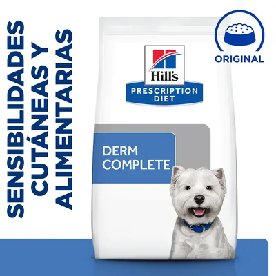 Hill's Prescription Diet Derm Complete, text vizibil: 'Sensibilidades cutáneas y alimentarias', imagine cu un câine alb și simbol bol alimentar cu text 'Original'.