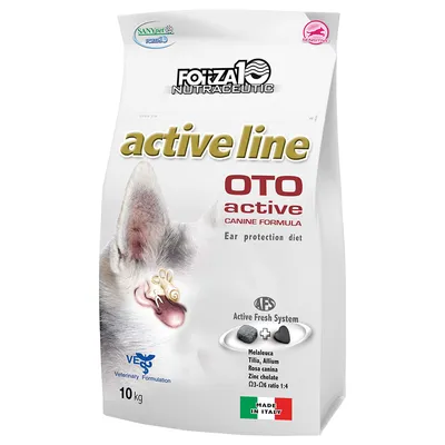 Forza10 Nutraceutic active line OTO active Canine Formula -koiranruoka, 10 kg. Tekstit: Ear protection diet, Active Fresh System, Made in Italy. Ainesosia ja kaavioita näkyvissä.