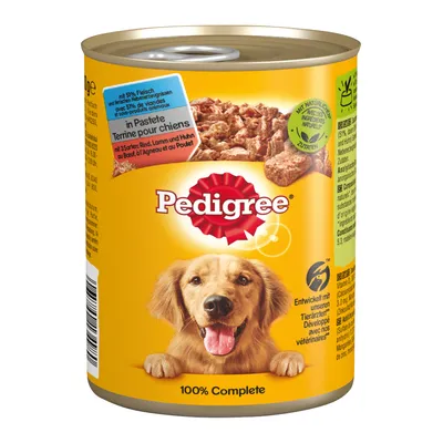 Pedigree märkäruoka pateena, 51 % lihaa, naudanlihaa, lammasta ja kanaa. Luonnollisia ainesosia, kehitetty eläinlääkäreiden kanssa. 100 % täysravinto.