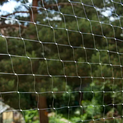 Close-up of outdoor protective netting with square mesh pattern, shown installed in a garden setting to illustrate barrier function.