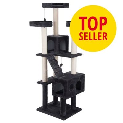 Klatremiljø til katte med flere niveauer, sisalstolper, to huler og legetøj. Gul cirkel med rød tekst: TOP SELLER.
