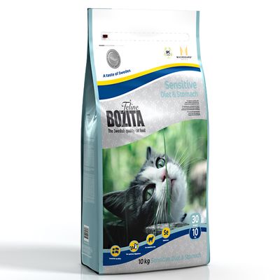 Hrană pentru pisici Feline Bozita Sensitive Diet & Stomach, 10 kg. Text vizibil: The Swedish quality cat food, A taste of Sweden, 30/10, Se, pentru stomac sensibil.