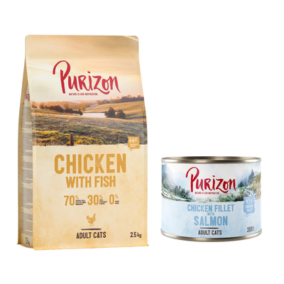 Pakiet Purizon karma sucha 2,5 kg + karma mokra Adult, filet z kurczaka z łososiem, 6 x 200 g