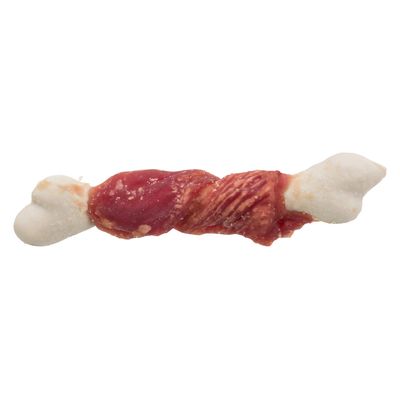 Tuggben i benform, vit med röd köttremsa lindad runt.