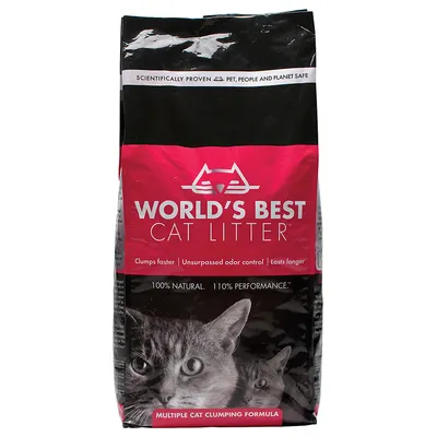 WORLD'S BEST CAT LITTER, text: Clumps faster, Unsurpassed odor control, Lasts longer, 100% natural, 110% performance, Multiple cat clumping formula. Bild på två katter.