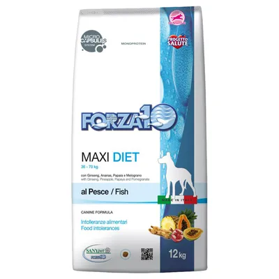 FORZA10 MAXI DIET 36–70 kg al Pesce/Fish, 12 kg. Intolleranze alimentari Food intolerances. Med ginseng, ananas, papaya og granatæble. Made in Italy. SANYpet.