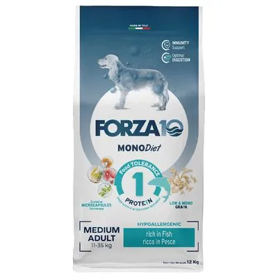 Forza10 MONODiet hondenvoer, hypoallergeen, 1 eiwitbron, medium adult 11–35 kg, rijk aan vis, 12 kg zak. Tekst: immunity support, optimal digestion, low & mono grain.