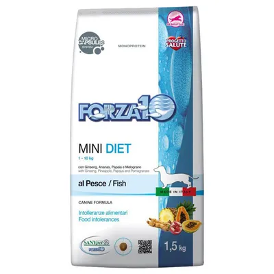 Forza10 Mini Diet al Pesce hundfoder, 1–10 kg, 1,5 kg. Synlig text: Intolleranze alimentari, Food intolerances, Sensitive, Made in Italy, med ginseng, ananas, papaya och granatäpple.