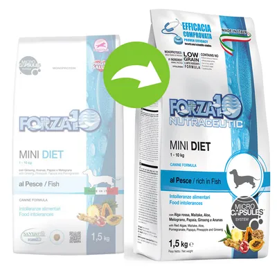 Förpackningsändring: Forza10 Mini Diet al Pesce/Fish, 1–10 kg, 1,5 kg. Synlig text: Intolleranze alimentari, Food intolerances, Microcapsules system, Made in Italy, rich in Fish.