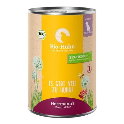Blik Herrmann's Manufaktur Bio-Huhn mit Karotte und Reis, tekst: Es gibt viel zu Huhn!, BIO-PIONIER, Selection Sensible, bio-keurmerk zichtbaar.