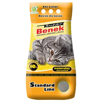 10 litre non-scented cat litter, Standard Line, super absorbent and granulated. Product packaging shows essential features in English and Polish. 10 litre non-scented cat litter, Standard Line, super absorbent and granulated. Product packaging shows essential features in English and Polish.